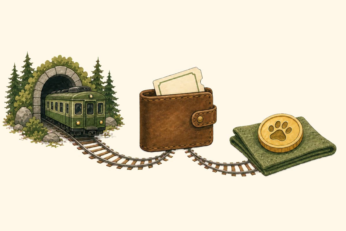 A railway connects a leather wallet and a gold collectible, illustrating the relationship between Solana, Phantom, and Jimothy